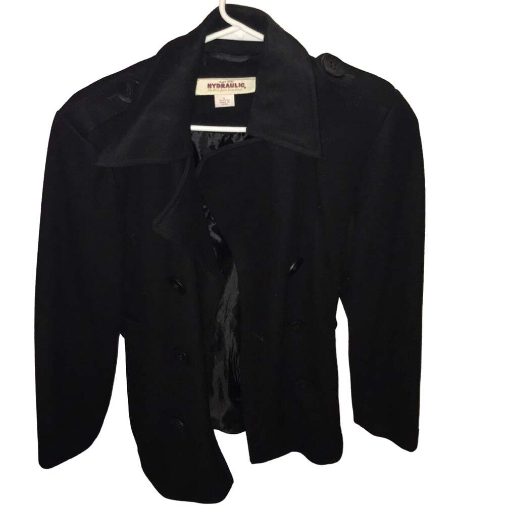 Hydraulic Double Breasted Wool Blend Pea Coat Jacket Black Juniors Large Fall